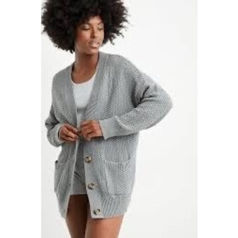 Aerie Varsity Sweater Women Medium Grey Cotton Waffle Knit Button Front Cardigan
